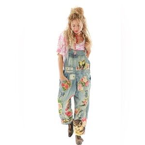 Magnolia pearl Floral Appliqué overalls one size